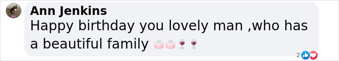 Text comment wishing "Happy birthday" with cake and drink emojis, reacting to David Beckham's 50th birthday celebration.