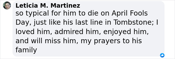 Comment mourning the loss of legendary Hollywood actor Val Kilmer, expressing admiration and prayers to his family. Comment mourning the loss of legendary Hollywood actor Val Kilmer, expressing admiration and prayers to his family.
