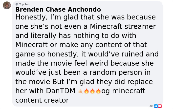 Text discussing Minecraft streamer's scene with Jason Momoa cut, mentioning DanTDM as a replacement in the movie.