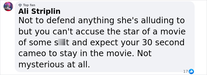 Comment discussing a streamer's Minecraft scene cut, mentioning a movie star's behavior.