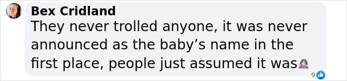 Comment on baby name confusion related to Machine Gun Kelly and Megan Fox by Bex Cridland, clarifying assumptions.