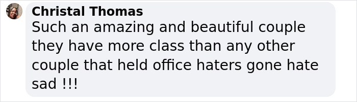 Message praising Barack and Michelle Obama as a classy couple despite critics.