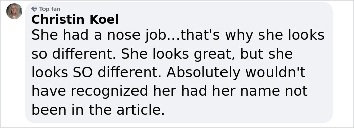 Comment discussing a nose job, mentioning a change in appearance at a fashion event.