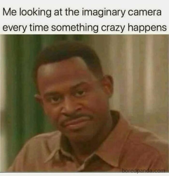 Man smirking at imaginary camera; funny meme capturing disbelief.
