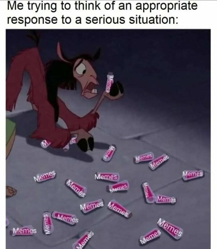 Cartoon character surrounded by funny memes, humorously overwhelmed while holding a vial labeled "memes."