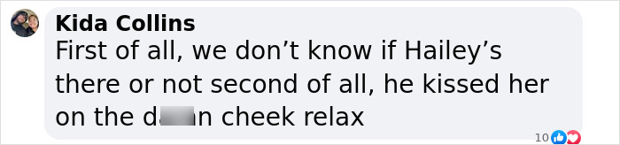 Text message discussing Justin Bieber kissing a female rapper, mentioning Hailey and advising to relax.