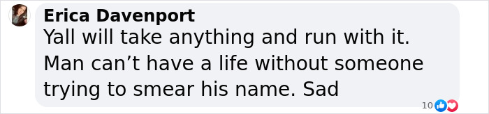 Comment by Erica Davenport defending Justin Bieber, expressing frustration about media speculation.