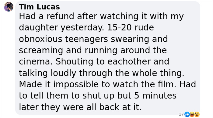Comment complaining about rowdy teenagers disrupting a 'Minecraft Movie' screening at a cinema. Comment complaining about rowdy teenagers disrupting a 'Minecraft Movie' screening at a cinema.