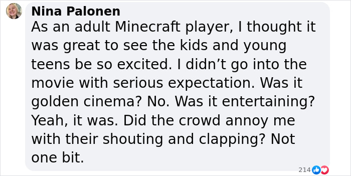 Comment discussing excitement and crowd reactions during a 'Minecraft Movie' screening. Comment discussing excitement and crowd reactions during a 'Minecraft Movie' screening.