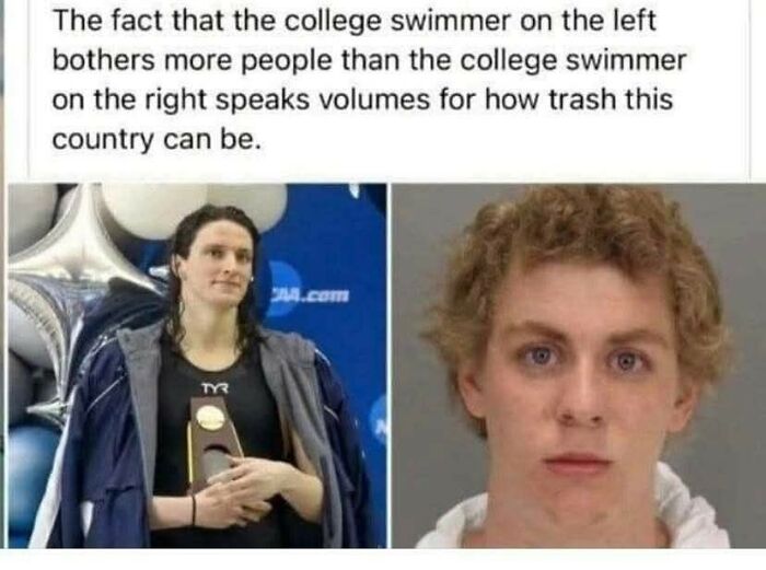 Two contrasting college swimmers with a comment expressing frustration about capitalism.