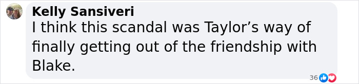 Comment discussing fallout between Taylor Swift and Blake Lively on social media. Comment discussing fallout between Taylor Swift and Blake Lively on social media.