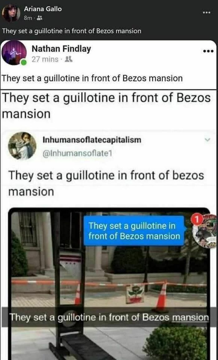 Guillotine set in front of a mansion, reflecting criticism of capitalism.