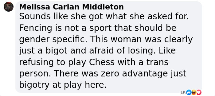 Comment on female athlete disqualification over trans opponent refusal, expressing opinions on gender and sports. Comment on female athlete disqualification over trans opponent refusal, expressing opinions on gender and sports.
