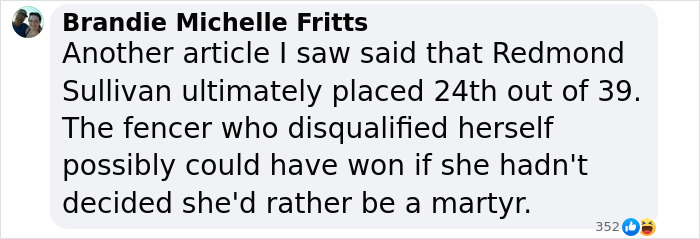 Comment discussing a female athlete disqualified for not competing against a transgender opponent. Comment discussing a female athlete disqualified for not competing against a transgender opponent.