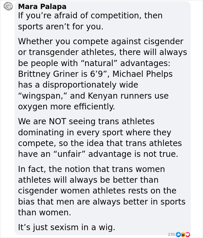 Text post discussing advantages in sports related to trans athletes.