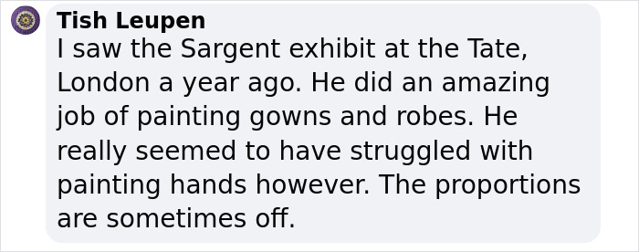 Text exchange about a Sargent exhibit, noting difficulties in painting hands and success with gowns.