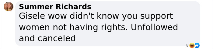 Comment criticizing Gisele B&uuml;ndchen in a text message.