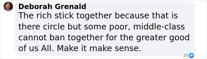 Deborah Grenald expressing views on social class dynamics in a Facebook comment.