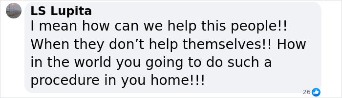 Comment questioning a home plastic surgery procedure related to a young mom and a man posing as a surgeon.