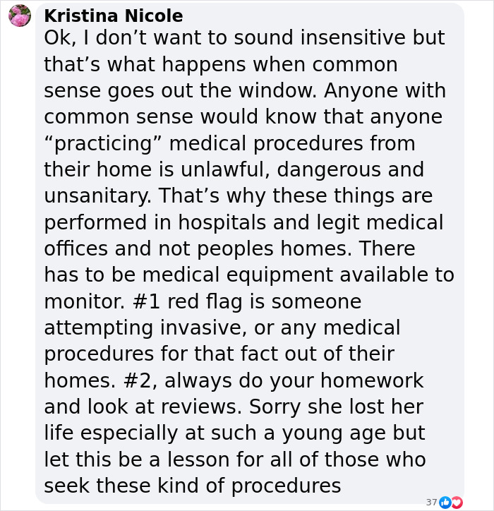 Facebook comment discussing dangers of home surgeries, warning about medical procedures performed by unlicensed individuals.