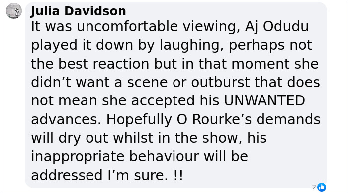 Text comment discussing Mickey Rourke's inappropriate behavior towards AJ Odudu on Celebrity Big Brother.