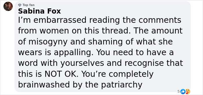 A message from Sabina Fox about misogyny and shaming in comments, addressing patriarchal behavior.