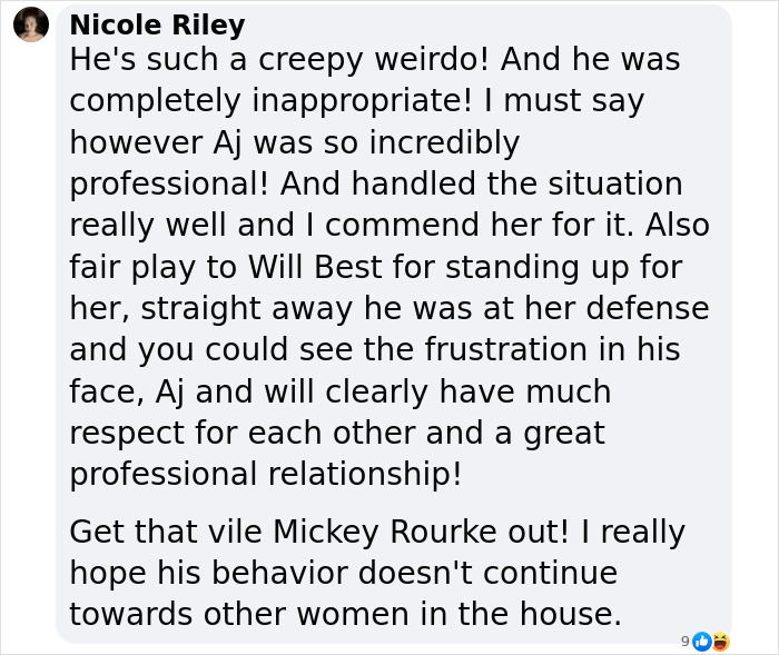 Comment criticizing Mickey Rourke for inappropriate behavior on Celebrity Big Brother, praising AJ Odudu.