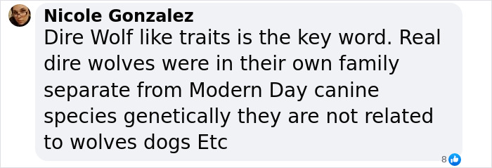 Comment on dire wolf traits from 'Game of Thrones' igniting ethical debate.