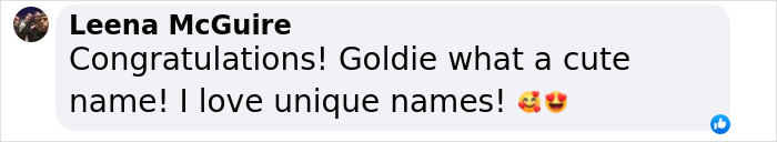 Leena McGuire comments on Rupert Grint's daughter: "Goldie, what a cute name! I love unique names!" with heart emojis.
