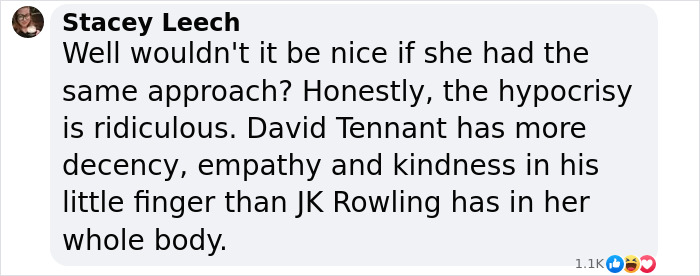 Comment supporting David Tennant's trans allyship over JK Rowling's views, emphasizing his empathy and kindness.