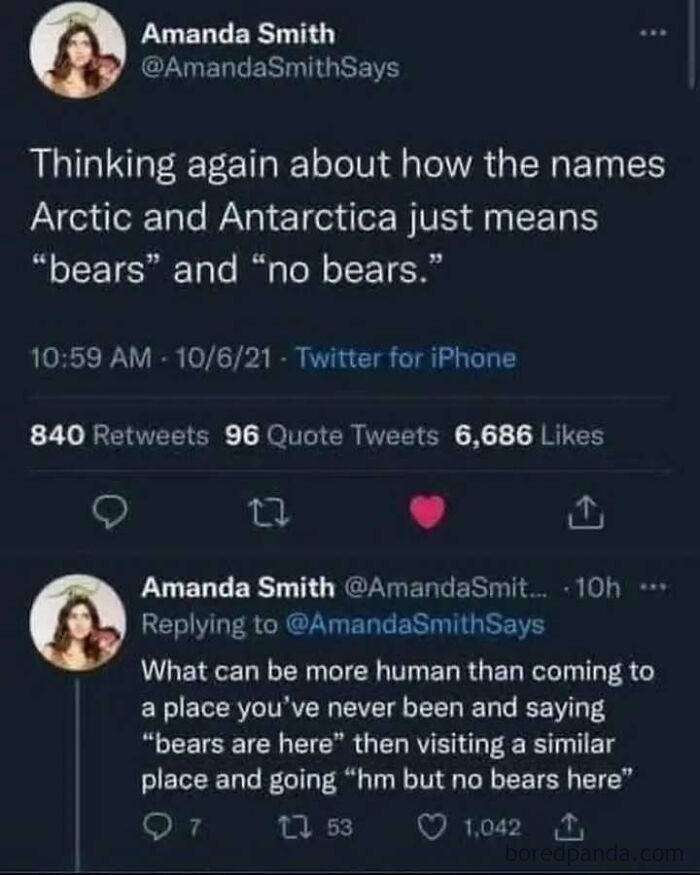 Funny meme about the Arctic and Antarctica names meaning "bears" and "no bears," with humorous commentary.