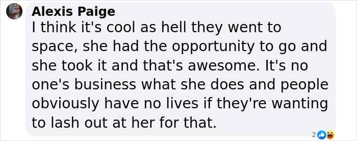 A social media comment defending Katy Perry&rsquo;s Blue Origin space flight and criticizing her critics.