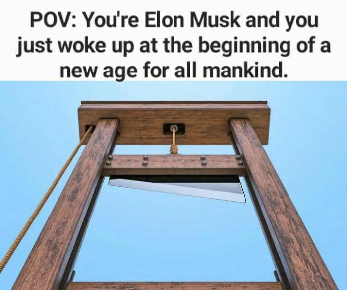 A guillotine under a clear blue sky, representing a critique of capitalism with a humorous caption.