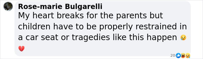 Comment expressing sadness over 'Okay Baby' TikTok star's tragic accident, emphasizing car seat safety.