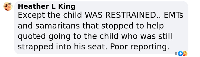 Comment discussing a TikTok star's accident, defending child's restraint use in the vehicle.