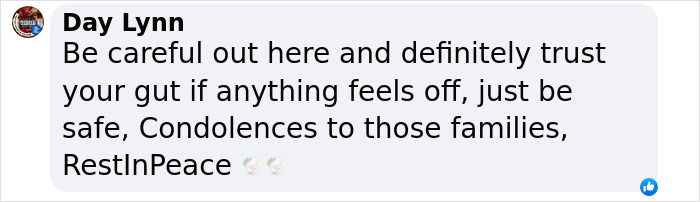 Text expressing caution and condolences amid New England serial horror, urging trust in instincts and offering sympathy to families.