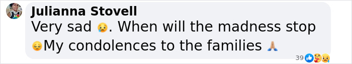 Comment expressing sadness over New England serial assassination horror and offering condolences to families.