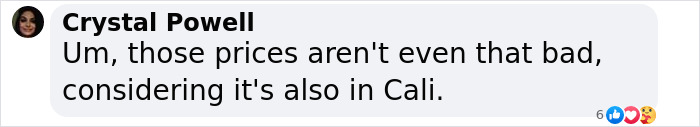 A comment discussing Coachella food prices, noting they're not too bad for California.