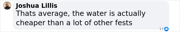 Text message from Joshua Lillis about festival water prices compared to other events.