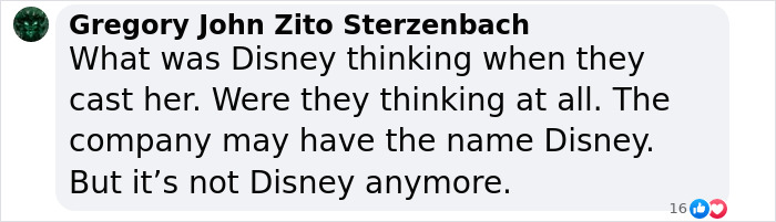 A social media comment questioning Disney's casting decision for Snow White, reflecting criticism over 'woke' choices.
