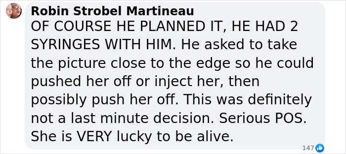 Text message discussing a doctor allegedly trying to push his wife off a cliff, mentioning syringes and premeditated intent. Text message discussing a doctor allegedly trying to push his wife off a cliff, mentioning syringes and premeditated intent.