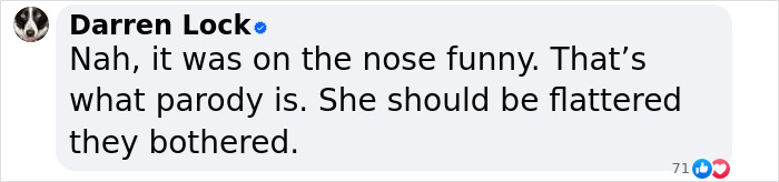 Comment by Darren Lock on SNL parody, mentioning it as "on the nose funny" and about parody nature.