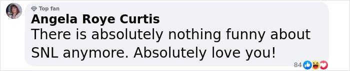 Angela's comment supporting Aimee Lou Wood against SNL's tooth skit.