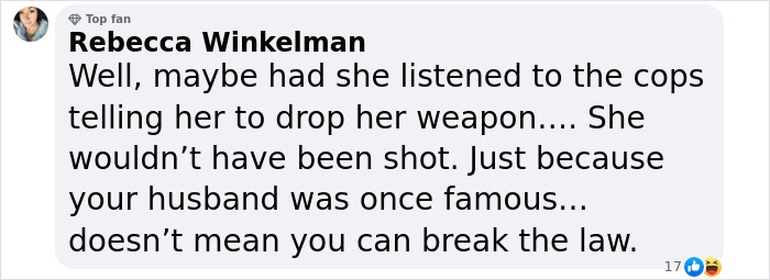 Comment on cops shooting Weezer bassist's wife, mentioning fame and law compliance.