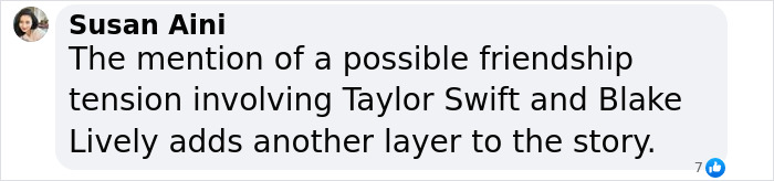 Text message about Taylor Swift, Blake Lively, and a possible friendship tension discussed by Susan Aini. Text message about Taylor Swift, Blake Lively, and a possible friendship tension discussed by Susan Aini.