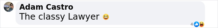 Comment by Adam Castro with reaction emojis, mentioning 'the classy Lawyer' with amused expression.
