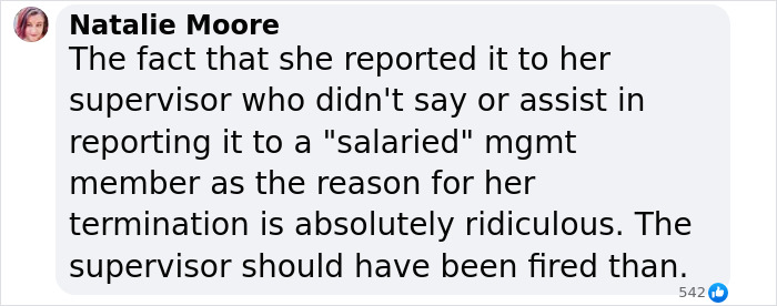 Comment by Natalie Moore criticizing termination of a tall cisgender woman. Comment by Natalie Moore criticizing termination of a tall cisgender woman.