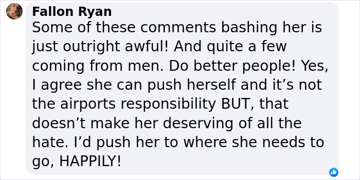 Comment criticizing harsh reactions to plus-sized passenger asking for wheelchair assistance at airport.