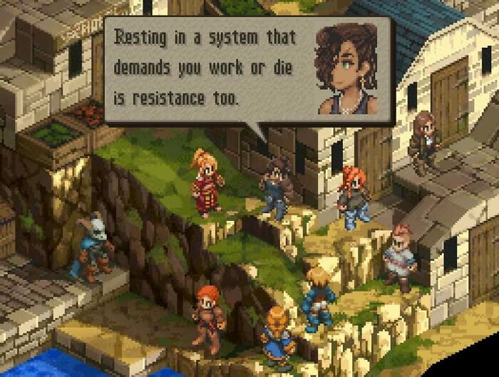 Pixelated characters with a text bubble about resistance under capitalism.