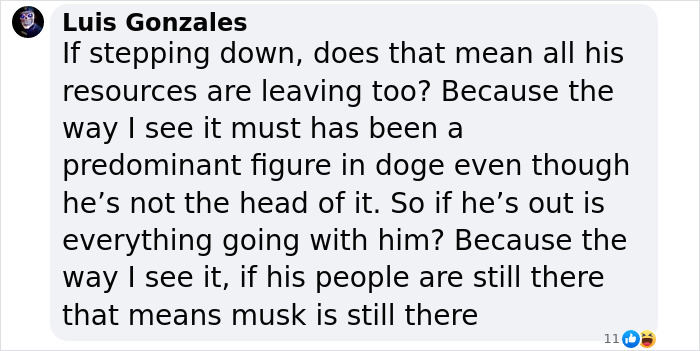 Luis Gonzales questions Elon Musk's role and resources in DOGE, raising concerns about potential changes if he steps down.